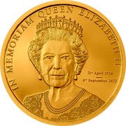 Cook Islands 5 Dollars (In Memoriam) 1ST APRIL 1926 ― 8TH SEPTEMBER 2022 IN MEMORIAM QUEEN ELIZABETH II coin reverse Cook Islands 5 Dollars (In Memoriam) 1ST APRIL 1926 ― 8TH SEPTEMBER 2022 IN MEMORIAM QUEEN ELIZABETH II coin reverse