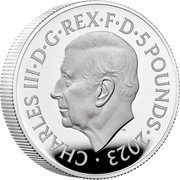 UK 5 Pounds (Wet Nellie) CHARLES III D G REX F D 5 POUNDS 2023 MJ coin obverse UK 5 Pounds (Wet Nellie) CHARLES III D G REX F D 5 POUNDS 2023 MJ coin obverse