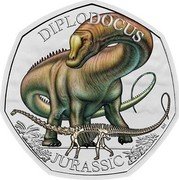 UK 50 Pence (Diplodocus. Coloured) DIPLODOCUS RN JURASSIC coin reverse