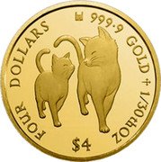 Cook Islands Four Dollars Elizabeth II Cats 2020 Proof FOUR DOLLARS 9999 GOLD 1/30TH OZ $4 coin reverse Cook Islands Four Dollars Elizabeth II Cats 2020 Proof FOUR DOLLARS 9999 GOLD 1/30TH OZ $4 coin reverse