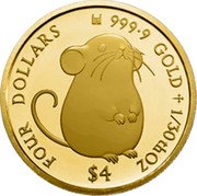 Cook Islands Four Dollars Elizabeth II Mouse 2020 Proof FOUR DOLLARS 9999 GOLD 1/30TH OZ $4 coin reverse Cook Islands Four Dollars Elizabeth II Mouse 2020 Proof FOUR DOLLARS 9999 GOLD 1/30TH OZ $4 coin reverse