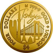 Cook Islands Four Dollars Elizabeth II Tokyo 2020 Proof FOUR DOLLARS 999.9 GOLD 1/30TH OZ TOKYO $4 coin reverse Cook Islands Four Dollars Elizabeth II Tokyo 2020 Proof FOUR DOLLARS 999.9 GOLD 1/30TH OZ TOKYO $4 coin reverse