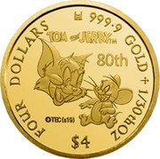 Cook Islands Four Dollars Elizabeth II Tom and Jerry 2020 Proof FOUR DOLLARS 9999 GOLD 1/30TH OZ TOM AND JERRY TM 80TH ©TEC(S19) $4 coin reverse Cook Islands Four Dollars Elizabeth II Tom and Jerry 2020 Proof FOUR DOLLARS 9999 GOLD 1/30TH OZ TOM AND JERRY TM 80TH ©TEC(S19) $4 coin reverse