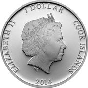 Cook Islands 1 Dollar Pinda and Myspulin 2014 Proof ELIZABETH II 1 DOLLAR COOK ISLANDS IRB 2014 coin obverse Cook Islands 1 Dollar Pinda and Myspulin 2014 Proof ELIZABETH II 1 DOLLAR COOK ISLANDS IRB 2014 coin obverse