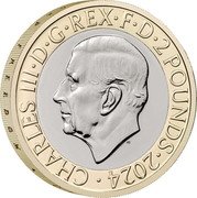 UK 2 Pounds (Sir Winston Churchill 150 Anniversary of Birth) CHARLES III D G REX F D 2 POUNDS 2024 MJ coin obverse UK 2 Pounds (Sir Winston Churchill 150 Anniversary of Birth) CHARLES III D G REX F D 2 POUNDS 2024 MJ coin obverse