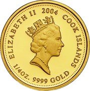Cook Islands 25 Dollars Elizabeth II Hello Kitty wearing mantle 2004  Proof ELIZABETH II 2004 COOK ISLANDS 1/4OZ. 9999 GOLD coin obverse Cook Islands 25 Dollars Elizabeth II Hello Kitty wearing mantle 2004  Proof ELIZABETH II 2004 COOK ISLANDS 1/4OZ. 9999 GOLD coin obverse