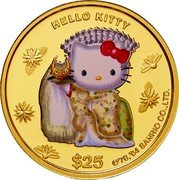 Cook Islands 25 Dollars Elizabeth II Hello Kitty wearing mantle 2004  Proof HELLO KITTY $25 ©'78,'04 SANRIO CO.,LTD. coin reverse Cook Islands 25 Dollars Elizabeth II Hello Kitty wearing mantle 2004  Proof HELLO KITTY $25 ©'78,'04 SANRIO CO.,LTD. coin reverse