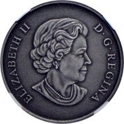 Canada 25 Dollars Singing Moon Mask. Antiqued 2015 Proof KM# 1870.3 ELIZABETH II D G REGINA SB coin obverse Canada 25 Dollars Singing Moon Mask. Antiqued 2015 Proof KM# 1870.3 ELIZABETH II D G REGINA SB coin obverse