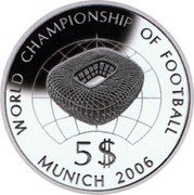 Cook Islands 5 Dollars 18th World Cup Football 2006 Germany. Munich Stadium 2005 Proof WORLD CHAMPIONSHIP OF FOOTBALL 5$ MUNICH 2006 coin reverse Cook Islands 5 Dollars 18th World Cup Football 2006 Germany. Munich Stadium 2005 Proof WORLD CHAMPIONSHIP OF FOOTBALL 5$ MUNICH 2006 coin reverse