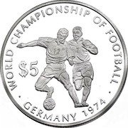 Cook Islands 5 Dollars Elizabeth II 10th Football World Champion 1974 Germany 2003  Proof WORLD CHAMPIONSHIP OF FOOTBALL $5 GERMANY 1974 coin reverse Cook Islands 5 Dollars Elizabeth II 10th Football World Champion 1974 Germany 2003  Proof WORLD CHAMPIONSHIP OF FOOTBALL $5 GERMANY 1974 coin reverse
