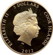 Cook Islands 5 Dollars Elizabeth II Diamond Jubilee. Yellow dress 2012  Prooflike ELIZABETH II 5 DOLLARS COOK ISLANDS IRB 2012 coin obverse Cook Islands 5 Dollars Elizabeth II Diamond Jubilee. Yellow dress 2012  Prooflike ELIZABETH II 5 DOLLARS COOK ISLANDS IRB 2012 coin obverse