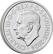 UK 5 Pounds (Buckingham Palace) CHARLES III D G REX F D 5 POUNDS 2024 MJ coin obverse UK 5 Pounds (Buckingham Palace) CHARLES III D G REX F D 5 POUNDS 2024 MJ coin obverse