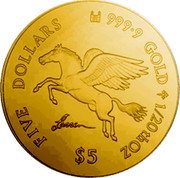Cook Islands Five Dollars Elizabeth II Pegasus 2006  FIVE DOLLARS 9999 GOLD 1/20TH OZ $5 coin reverse Cook Islands Five Dollars Elizabeth II Pegasus 2006  FIVE DOLLARS 9999 GOLD 1/20TH OZ $5 coin reverse