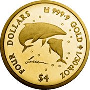 Cook Islands Four Dollars Dolphins by Lassen 2005 FOUR DOLLARS 9999 GOLD 1/30TH OZ $4 coin reverse Cook Islands Four Dollars Dolphins by Lassen 2005 FOUR DOLLARS 9999 GOLD 1/30TH OZ $4 coin reverse
