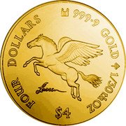 Cook Islands Four Dollars Pegasus 2006 LASSEN FOUR DOLLARS 9999 GOLD 1/30TH OZ $4 coin reverse Cook Islands Four Dollars Pegasus 2006 LASSEN FOUR DOLLARS 9999 GOLD 1/30TH OZ $4 coin reverse