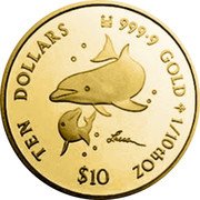 Cook Islands Ten Dollars Elizabeth II Dolphins 2002  TEN DOLLARS 999.9 GOLD 1/10TH OZ $10 coin reverse
