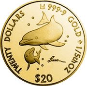 Cook Islands Twenty Dollars Dolphins by Lassen 2002 TWENTY DOLLARS 9999 GOLD 1/5TH OZ $20 coin reverse