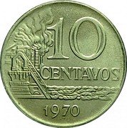 Brazil 10 Centavos Oil Refinery 1970 Mintage figure includes KM#578.1 coins struck in 1970 dated 1967 and KM#578.2 coins struck through 1974 dated 1970 KM# 578.2 10 CENTAVOS 1967 coin reverse Brazil 10 Centavos Oil Refinery 1970 Mintage figure includes KM#578.1 coins struck in 1970 dated 1967 and KM#578.2 coins struck through 1974 dated 1970 KM# 578.2 10 CENTAVOS 1967 coin reverse