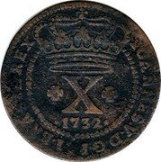 Brazil 10 Reis Joao V 1732 B KM# 142.2 IOANNES V D G P ET BRASIL REX X 1732 coin obverse Brazil 10 Reis Joao V 1732 B KM# 142.2 IOANNES V D G P ET BRASIL REX X 1732 coin obverse