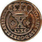 Brazil 10 Reis Joao V 1736 KM# 142.3 IOANNES V D G P ET BRASIL REX X 1736 coin obverse Brazil 10 Reis Joao V 1736 KM# 142.3 IOANNES V D G P ET BRASIL REX X 1736 coin obverse