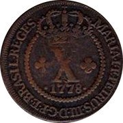 Brazil 10 Reis Maria I and Pedro III 1778 KM# 201 MARIA I ET PETRUS III D G P ET BRASIL REGES X 1781 coin obverse Brazil 10 Reis Maria I and Pedro III 1778 KM# 201 MARIA I ET PETRUS III D G P ET BRASIL REGES X 1781 coin obverse