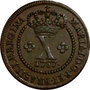 Brazil 10 Reis Maria I 1787 KM# 215.1 MARIA I D G P ET BRASILIÆ REGINA X 1787 coin obverse Brazil 10 Reis Maria I 1787 KM# 215.1 MARIA I D G P ET BRASILIÆ REGINA X 1787 coin obverse