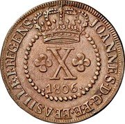 Brazil 10 Reis Joao 1806 R KM# 232.3 JOANNES.D.G.P.ET.BRASILIÆ.P.REGENS X 1805 1815 coin obverse Brazil 10 Reis Joao 1806 R KM# 232.3 JOANNES.D.G.P.ET.BRASILIÆ.P.REGENS X 1805 1815 coin obverse