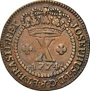 Brazil 10 Reis Jose I 1774 KM# 174.2 JOSEPHUS I D G P ET BRASIL REX X 1773 coin obverse Brazil 10 Reis Jose I 1774 KM# 174.2 JOSEPHUS I D G P ET BRASIL REX X 1773 coin obverse