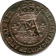 Brazil 10 Reis Pedro II Maranhao First Series Countermarked Coin ND (1834) KM# 402 JOANNES VI D G PORT BRAS ET ALG REX R M X coin obverse Brazil 10 Reis Pedro II Maranhao First Series Countermarked Coin ND (1834) KM# 402 JOANNES VI D G PORT BRAS ET ALG REX R M X coin obverse