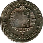 Brazil 10 Reis Pedro II Maranhao First Series Countermarked Coin ND (1834) KM# 402 ORBEM PECUNIA TOTUM CIRCUMIT coin reverse Brazil 10 Reis Pedro II Maranhao First Series Countermarked Coin ND (1834) KM# 402 ORBEM PECUNIA TOTUM CIRCUMIT coin reverse