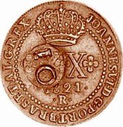 Brazil 10 Reis Para Counterstamped Coin ND (1835) KM# 407 JOANNES VI D G PORT BRAS ET ALG REX R 10 X coin obverse Brazil 10 Reis Para Counterstamped Coin ND (1835) KM# 407 JOANNES VI D G PORT BRAS ET ALG REX R 10 X coin obverse