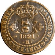 Brazil 10 Reis Countermarked Coinage ND (1835) Host Date 1821 KM# 420.1 JOANNES VI D G PORT BRAS ET ALG REX 1821 R 10 coin obverse Brazil 10 Reis Countermarked Coinage ND (1835) Host Date 1821 KM# 420.1 JOANNES VI D G PORT BRAS ET ALG REX 1821 R 10 coin obverse