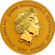 Tuvalu 100 Dollars Fancy 2023 P BU QUEEN ELIZABETH II IRB 1952 - 2022 1 OZ 9999 GOLD 2023 TUVALU 100 DOLLARS coin obverse