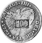 Brazil 100 Reis Countermarked Coinage ND KM# A471 CAROLUS IIII DEI GRATIA 1791 100 coin obverse Brazil 100 Reis Countermarked Coinage ND KM# A471 CAROLUS IIII DEI GRATIA 1791 100 coin obverse