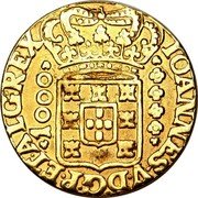 Brazil 1000 Reis Joao V 1727 M KM# 113 IOANNES.V.D.G.P.ET.ALG.REX 1000 coin obverse