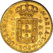 Brazil 1000 Reis Maria I 1787 KM# 223 MARIA. I. D.G. PORTUG. REGINA. 1000 coin obverse Brazil 1000 Reis Maria I 1787 KM# 223 MARIA. I. D.G. PORTUG. REGINA. 1000 coin obverse