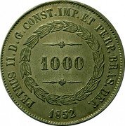Brazil 1000 Reis Pedro II 1852 KM# 459 PETRUS II. D. G. CONST. IMP. ET PERP. BRAS. DEF. 1000 1849 coin obverse Brazil 1000 Reis Pedro II 1852 KM# 459 PETRUS II. D. G. CONST. IMP. ET PERP. BRAS. DEF. 1000 1849 coin obverse