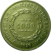 Brazil 1000 Reis Pedro II 1858 KM# 465 PETRUS II D. G. CONST. IMP. ET PERP. BRAS. DEF. 1000 1863 coin obverse Brazil 1000 Reis Pedro II 1858 KM# 465 PETRUS II D. G. CONST. IMP. ET PERP. BRAS. DEF. 1000 1863 coin obverse