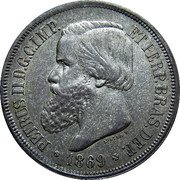 Brazil 1000 Reis Pedro II 1869 KM# 476 PETRUS II D. G. IMP. ET PERP. BRAS. DEF. 1869 coin obverse Brazil 1000 Reis Pedro II 1869 KM# 476 PETRUS II D. G. IMP. ET PERP. BRAS. DEF. 1869 coin obverse