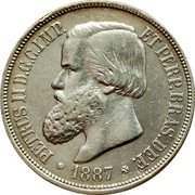 Brazil 1000 Reis Pedro II 1887 KM# 481 PETRUS II D. G. C. IMP. ET PERP. BRAS. DEF. 1877 coin obverse Brazil 1000 Reis Pedro II 1887 KM# 481 PETRUS II D. G. C. IMP. ET PERP. BRAS. DEF. 1877 coin obverse