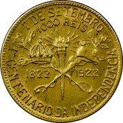 Brazil 1000 Reis First Centenary of Independence of Brazil 1922 KM# 522.2 7 DE SETEMBRO 1000 RÉIS 1822 1922 1° CENTENARIO DA INDEPENDENCIA coin reverse Brazil 1000 Reis First Centenary of Independence of Brazil 1922 KM# 522.2 7 DE SETEMBRO 1000 RÉIS 1822 1922 1° CENTENARIO DA INDEPENDENCIA coin reverse