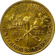 Brazil 1000 Reis First Centenary of Independence of Brazil 1922 KM# 522.1 7 DE SETEMBRO 1000 RÉIS 1822 1922 1° CENTENARIO DA INDEPENDENCIA coin reverse Brazil 1000 Reis First Centenary of Independence of Brazil 1922 KM# 522.1 7 DE SETEMBRO 1000 RÉIS 1822 1922 1° CENTENARIO DA INDEPENDENCIA coin reverse