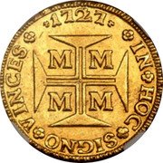 Brazil 10000 Reis Joao V 1727 KM# 116 1725 IN HOC SIGNO VINCES M M M M coin reverse Brazil 10000 Reis Joao V 1727 KM# 116 1725 IN HOC SIGNO VINCES M M M M coin reverse