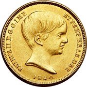 Brazil 10000 Reis Pedro II 1840 KM# 451 PETRUS. II. D. G. C. IMP. ET. PERP. BRAS. DEF. 1840. coin obverse Brazil 10000 Reis Pedro II 1840 KM# 451 PETRUS. II. D. G. C. IMP. ET. PERP. BRAS. DEF. 1840. coin obverse