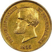 Brazil 10000 Reis Pedro II 1855 KM# 467 PETRUS II. D. G. C. IMP. ET PERP. BRAS. DEF. 1853 coin obverse Brazil 10000 Reis Pedro II 1855 KM# 467 PETRUS II. D. G. C. IMP. ET PERP. BRAS. DEF. 1853 coin obverse