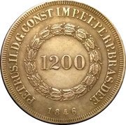 Brazil 1200 Reis Pedro II 1846 KM# 454 PRETRUS. II. D. G. CONST. IMP. ET. PERP. BRAS. DEF. 1834 1200 coin obverse Brazil 1200 Reis Pedro II 1846 KM# 454 PRETRUS. II. D. G. CONST. IMP. ET. PERP. BRAS. DEF. 1834 1200 coin obverse