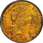 Brazil 12800 Reis Joao V 1731 R KM# 148 IOANNES V D G PORT ET ALG REX R 1732 coin obverse Brazil 12800 Reis Joao V 1731 R KM# 148 IOANNES V D G PORT ET ALG REX R 1732 coin obverse
