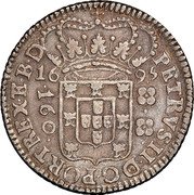 Brazil 160 Reis Peter II 1695 KM# 79.1 PETRVS. II. DG. PORT. REX. E. B. D. 16 95 160 coin obverse Brazil 160 Reis Peter II 1695 KM# 79.1 PETRVS. II. DG. PORT. REX. E. B. D. 16 95 160 coin obverse