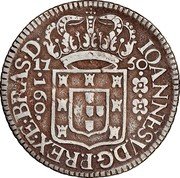 Brazil 160 Reis Jose I 1750 R KM# 156.3 IOANNES V D G P REX TE BRAS D 17 50 160 coin obverse Brazil 160 Reis Jose I 1750 R KM# 156.3 IOANNES V D G P REX TE BRAS D 17 50 160 coin obverse