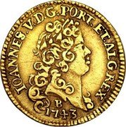 Brazil 1600 Reis Joao V 1743 B KM# 128 IOANNES. V. D. G. PORT. ET. ALG. REX. 1743 B coin obverse Brazil 1600 Reis Joao V 1743 B KM# 128 IOANNES. V. D. G. PORT. ET. ALG. REX. 1743 B coin obverse